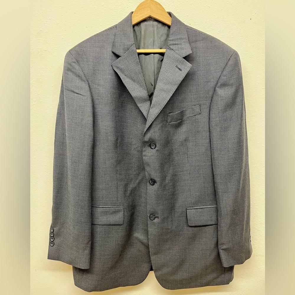 Oscar de la Renta Houndstooth 100% Lambswool Sport Coat Mens 42R Navy Blazer